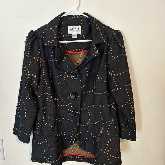 An Ren New York Black Tan Jacket Blazer Wearable Art Button
Peplum Vintage Large - Picture 1 of 8